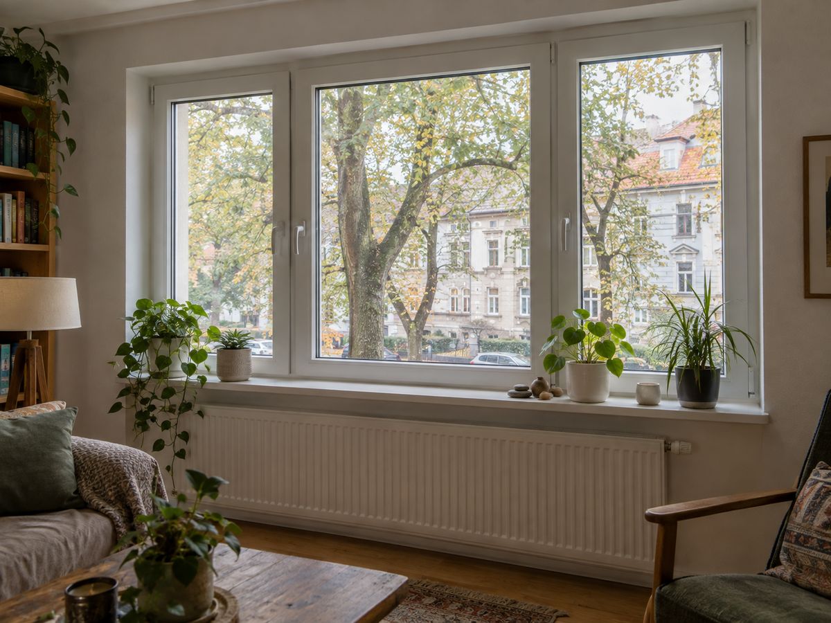 Helles Wohnzimmer mit neuen weißen Fenstern und tiefer Fensterbank