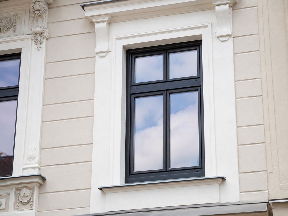 Neues Holz-Alu-Fenster mit schmalem Rahmen in einer sanierten Gründerzeitfassade mit Stuck